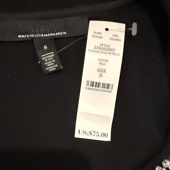 NWT White House Black Market Black Women’s Long Sleeve Top with Beaded Neckline - Picture 2 of 5